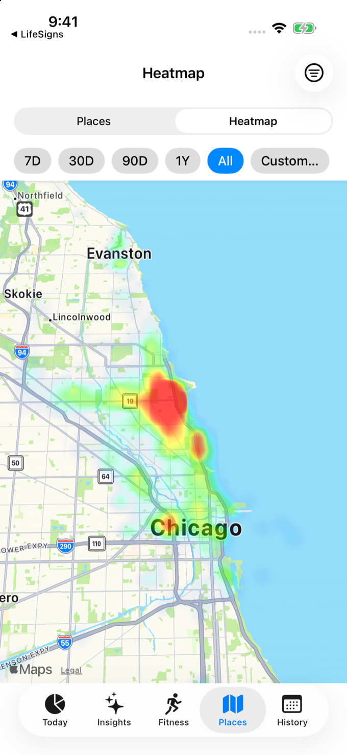 LifeSigns heatmap: ten years of visits glowing over a map of Chicago, brightest around one neighborhood, with green trails tracing the lakefront and daily routes.